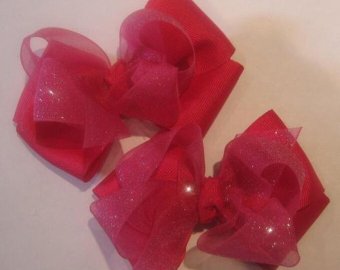 Shocking Pink Sparkle Glitter set of 2 Hair Bow Piggies 2 layers Pig Tails Glittery
