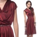 70s Drape Dress Copper Red Shimmery 1970s Wrap Deep V Neck Vintage Sheer Party Grecian Disco Knee Length High Waist Cap Sleeve Medium Large