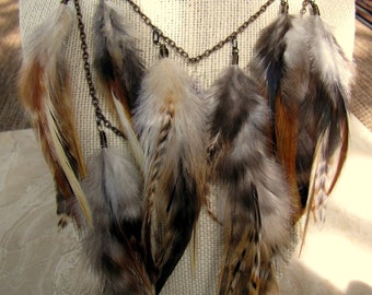 Feather Necklace - Natural Brown Feather Statement Necklace, Feather Fringe Necklace - Comanche