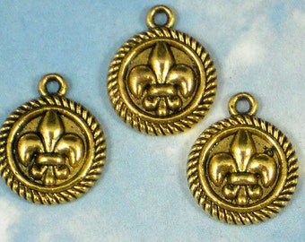 BuLK 40 Fleur de Lis Charms NOLA Antique Gold Tone Rope Edge Disks (P171 -40)