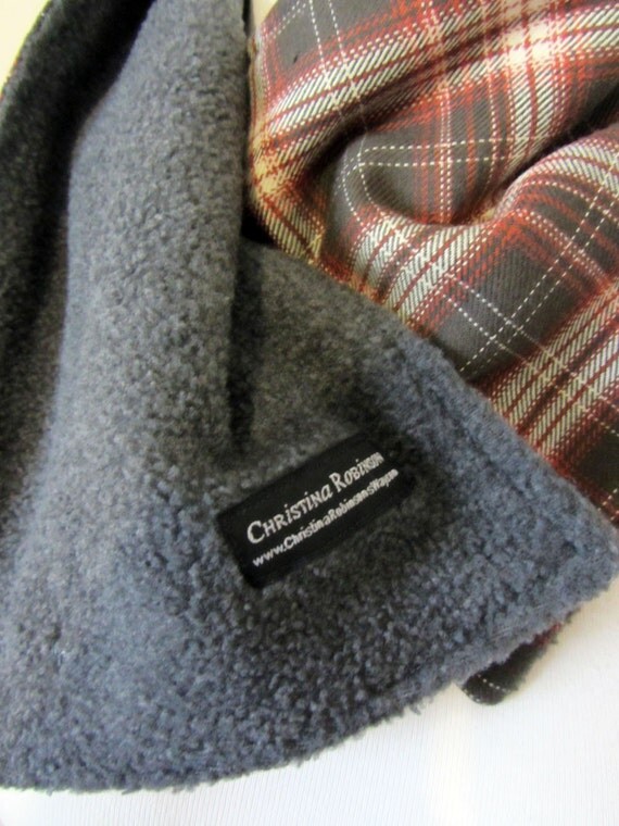 Brown and Rust Plaid Neck Warmer Scarf with Tan Buttons