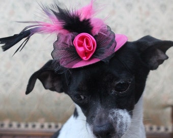 Cute pink color mini hat with feather and flowers for dog or cat