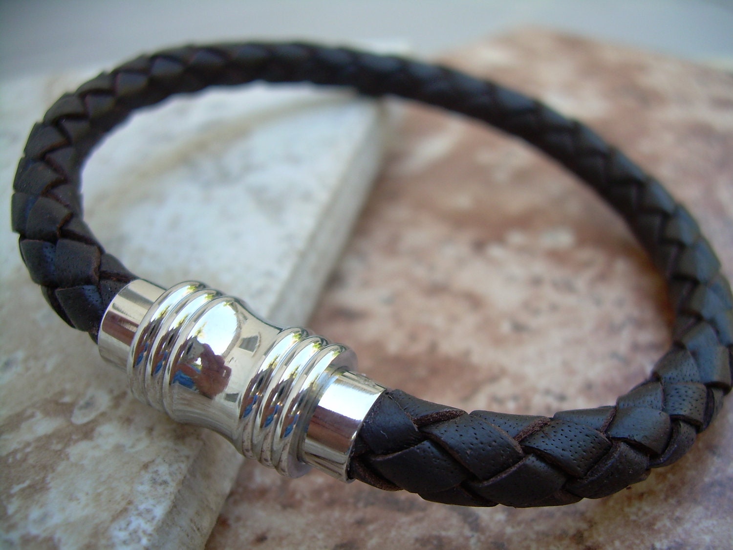 Mens Brown Braided Leather Bracelet with Stainless Steel