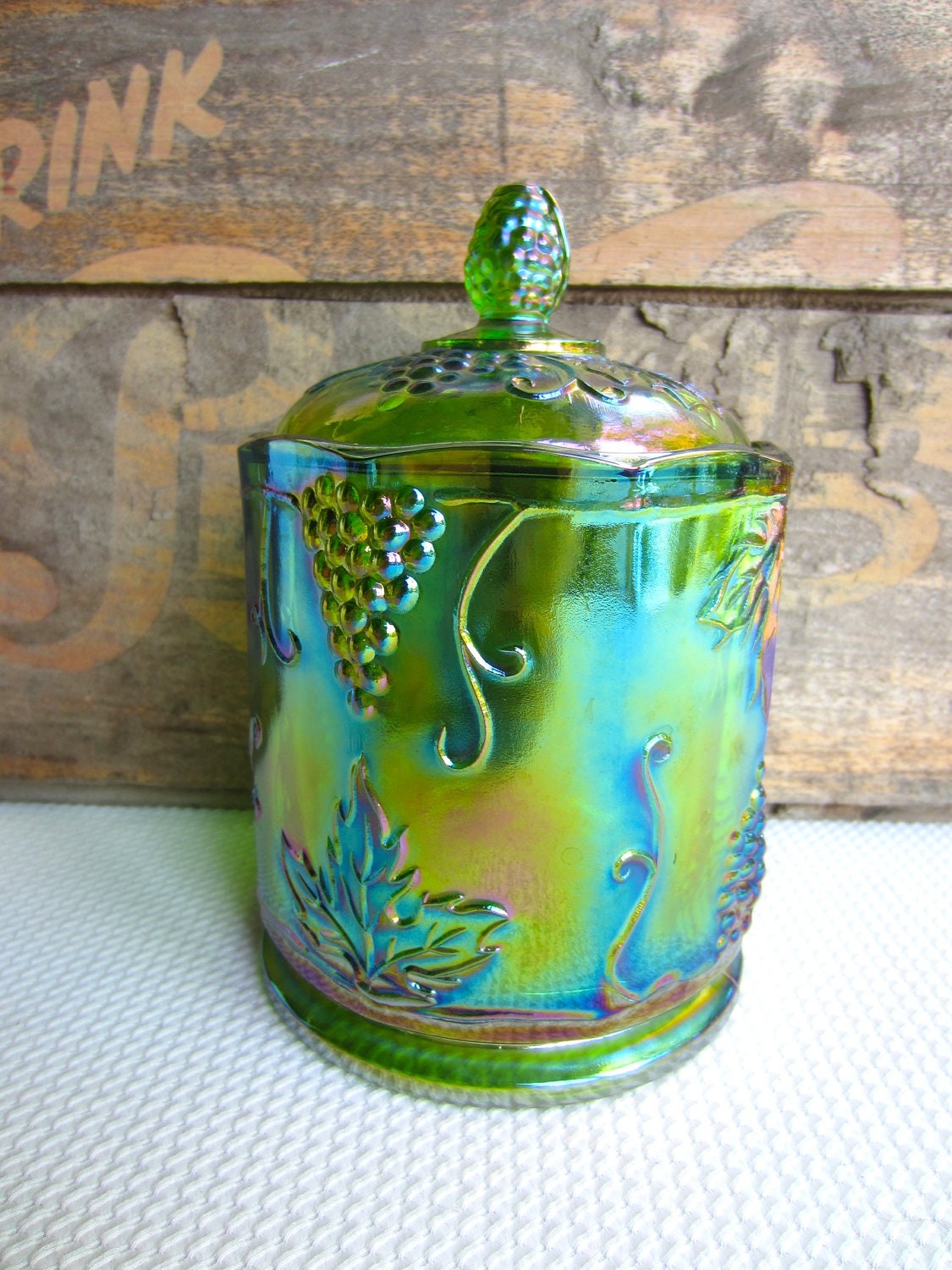 Vintage Green Carnival Glass Canister Jar with Lid Harvest