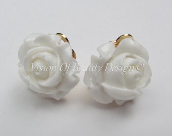 White Rose, Spring Flower Clip On Earrings