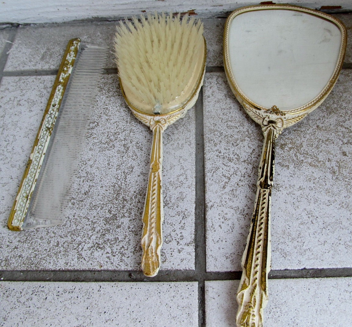 Antique Vintage 3 pc Mirror Brush DECO Vanity Set