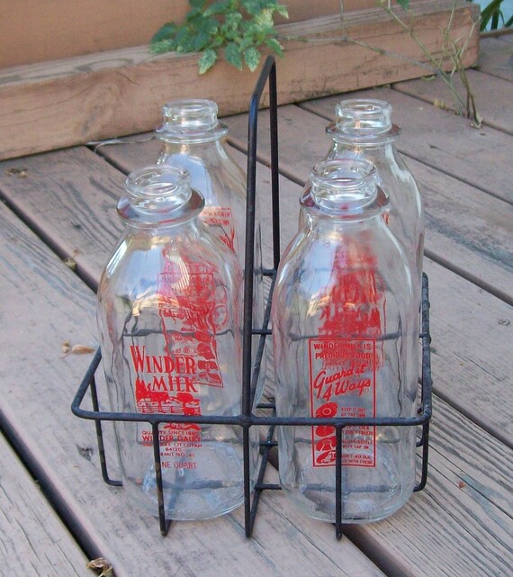 Vintage Wire Milk Basket with Milk Bottles