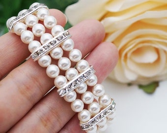 Wedding Jewelry Bridal Bracelet Bridesmaid Bracelet 3 strands of Crystal White Swarovski Pearls with rhinestone Spacers Bracelet