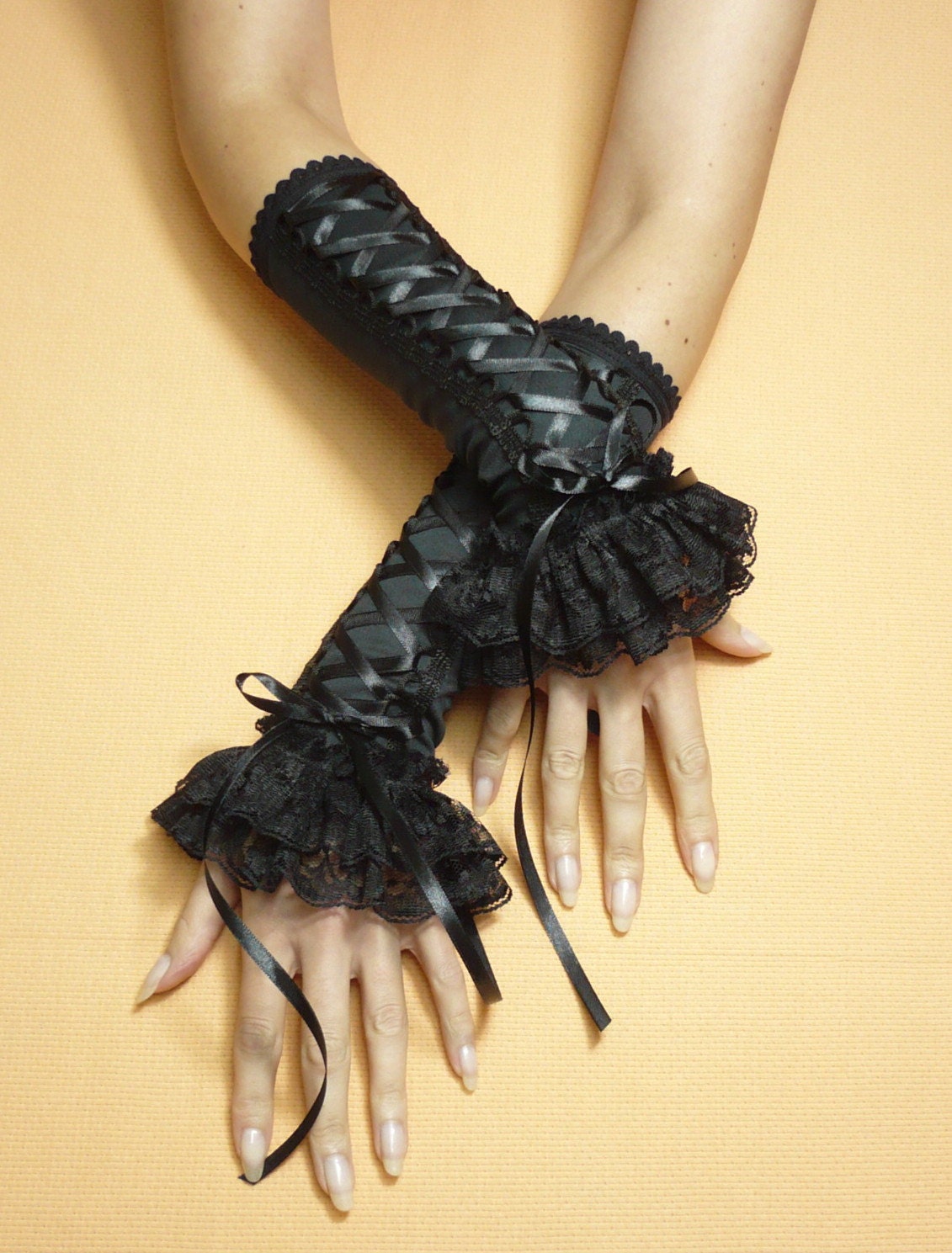 Black Gothic Corset Gloves Armwarmers with Double Lace Frill