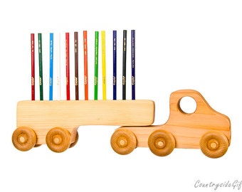Pencil Holder - Wooden Truck Colored Pencil Holder - Handcrafted Natural & Organic Wooden Pencil Holder - Wooden Holder for 12 Pencils