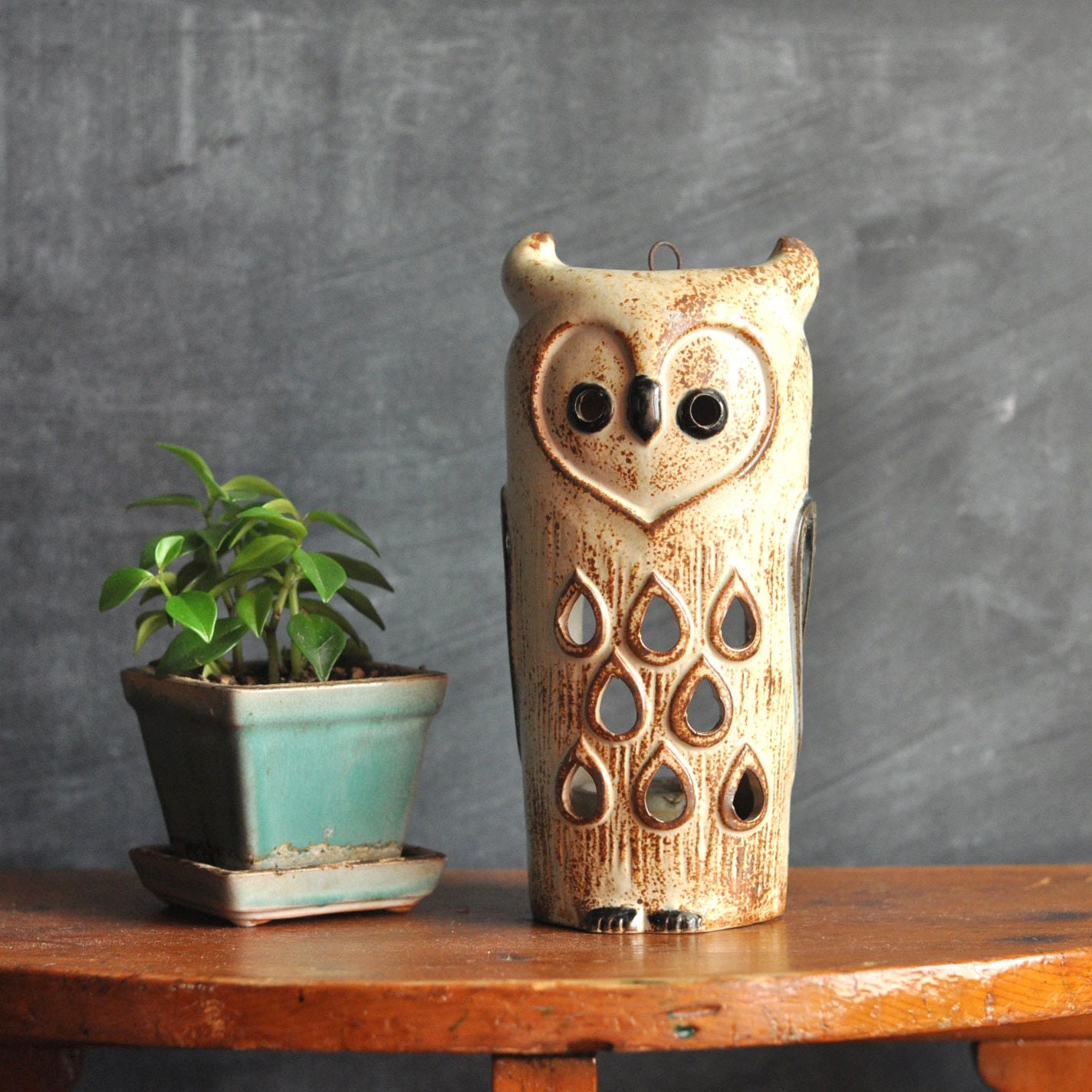 Vintage 1970s Ceramic Owl Candle Holder Lantern