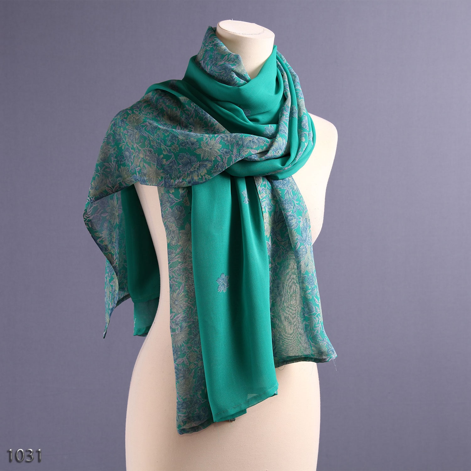 GREEN CHIFFON Shawl . Large Sheer Wrap Scarf 90sTeal Green Floral