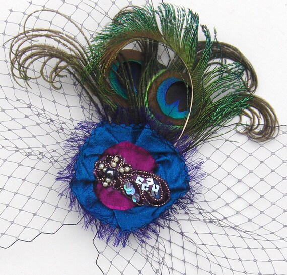 Peacock Blue Silk Veil Fascinator UK by talulahblue on Etsy