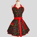 Sexy Retro Pinup Apron : Flirty and Cute Ruffled Sweetheart Apron in Red Cherry and White Dot on Black in Vintage Style Full Skirt
