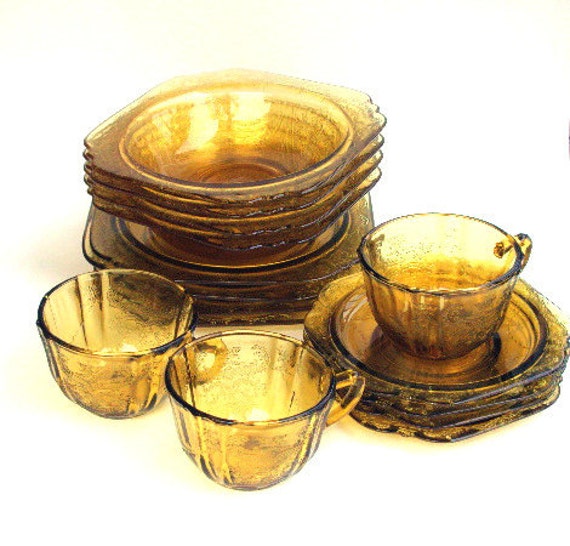 Vintage Amber Depression Glass Set Madrid Pattern Ambercr.