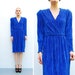 70s Cobalt Blue Wrap Dress - Draped Plunging V Neck Dress - 1970s Pleated Secretary Stretchy Dress - Office Fashion - Long Sleeve - S M 6 8