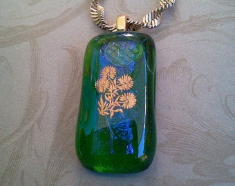 Fused Glass Necklace with 22 Karat Gold, Green Glass, SRAJD