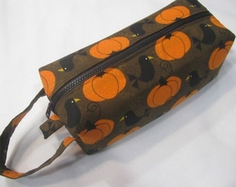 Halloween Ravens on Pumpkins with surprise embroidery inside - Cosmetic Bag Makeup Bag LARGE