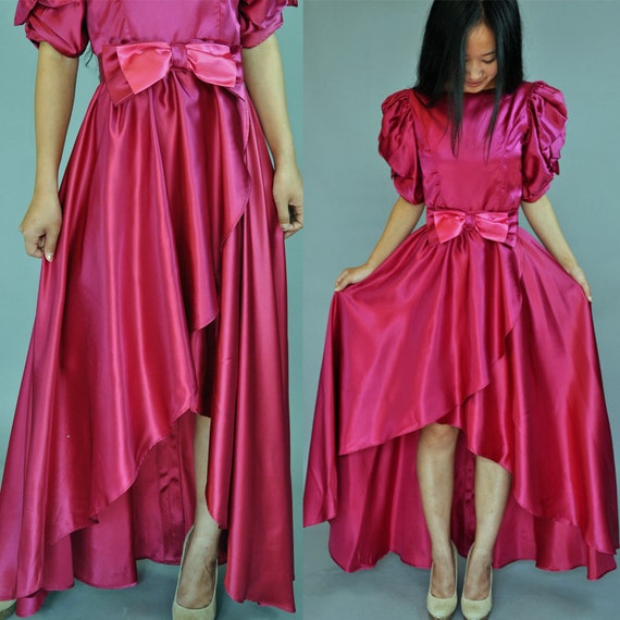 Vintage 80s Dress / Pink Satin Evening Dress / Backless Maxi