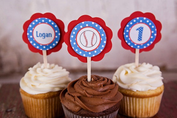 CUPCAKE TOPPERS - Baseball Theme Red & Blue Cupcake Toppers, Baseball Birthday Party Decorations