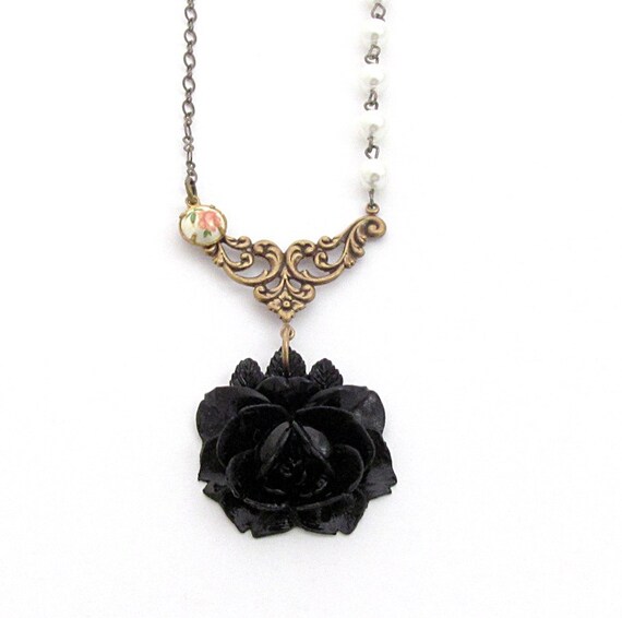 Black Rose Necklace Pearl Necklace Black by laurenblythedesigns