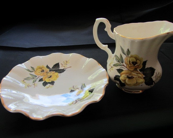 Royal Dover Bone China Small Pitcher/Creamer and Saucer Featuring Yellow Roses, Gift Bone China Yellow Rose Set, Yellow Rose of Texas