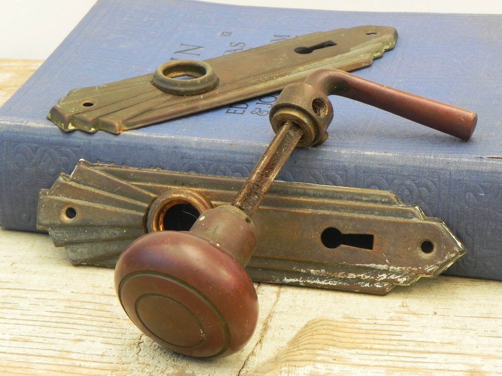 vintage brass door knob set with backplates by dkgeneralstore