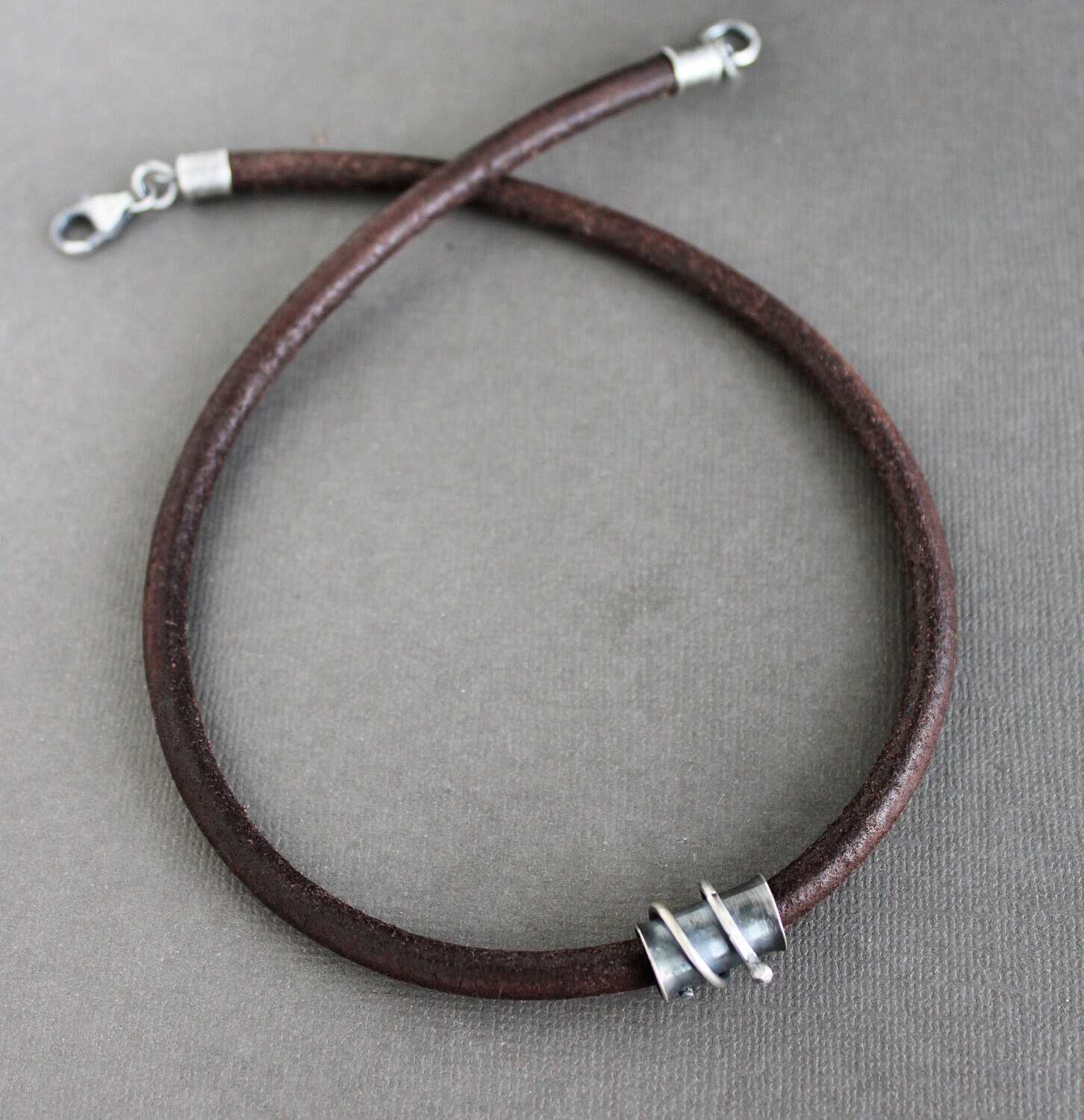 Mens Leather Necklace Sterling Silver Tube Brown Cord