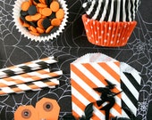 Halloween Party Kit - Cupcake Liners, Striped Straws, Bakers Twine, Cupcake Toppers - Orange and Black Il_170x135
