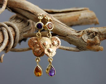 Callie - gold gemstone earrings, only one in existance, hand made earrings, Amethyst, Citrine, Anniversary gift, for her, designer earrings