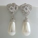 Luxury Pearl Jewelry White Pearl Earrings Teardrop Cubic Zirconia Bridal Earrings Sterling Silver with Swarovski Pearls Wedding Jewelry