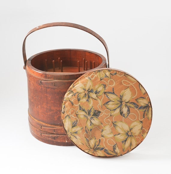 Primitive Bentwood Sewing Bucket Basket Round Wooden Firkin