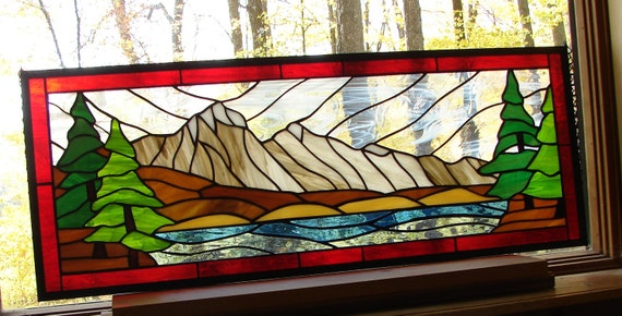 Items similar to stained glass window Mountain Lake rustic window on Etsy