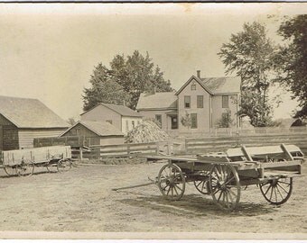 RPPC - Farm Scene - Wagons - Circa 1904 - 1920 - Architecture - Old House - Barns - Wood Pile - Picket Fence - Americana!
