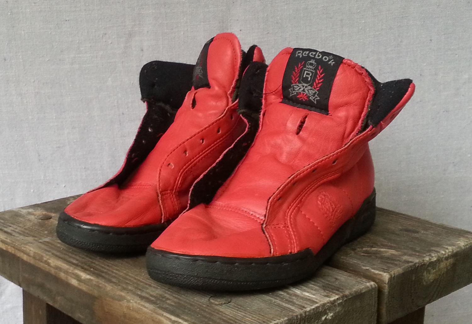 80s Red Leather Reebok Tennis Shoes High Top Sneakers Black