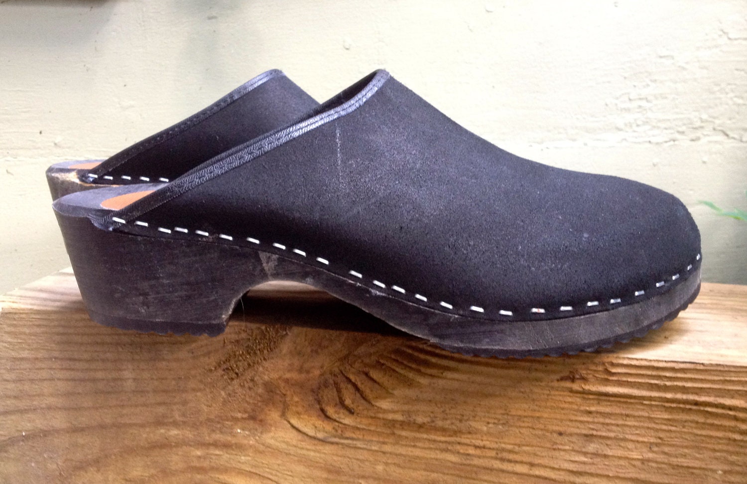 Olsson Swedish Clogs size 42 Black Suede and Wooden Sole