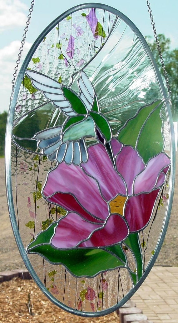 Hummingbird and Flower Stained Glass Panel Suncatcher by fireflysg