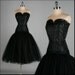 Vintage 1950s Dress . Black . Chiffon . Lace . Drop Waist . Strapless . Full Skirt . S/M . 2295