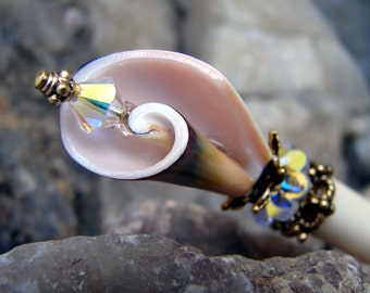 Shell Hair Stick Everlasting Green Curly Shell and Swarovski Crystals - Manda 2389