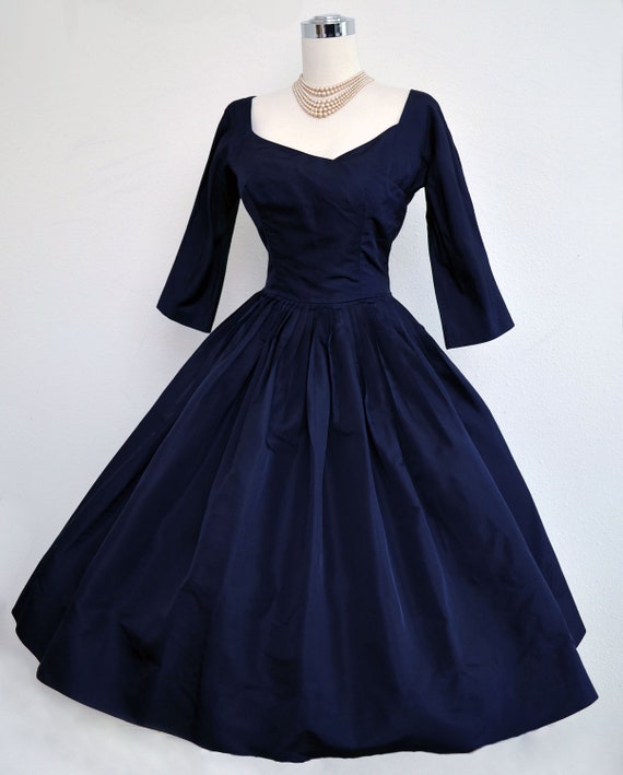 Vintage 50s Dress 1950s Dress Navy Blue Silk Full Skirt