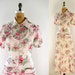 vintage 1940s dress maxi long hostess seersucker floral print house dress front metal zipper ruffle patch pockets small s medium m
