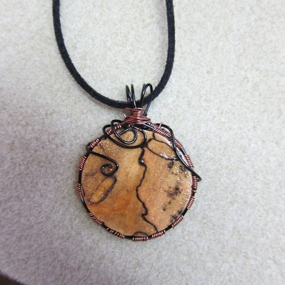 SALE Spalted Maple Circular Wire Wrapped pendant, Nontarnish Antique copper wire USA Made Ecofriendly