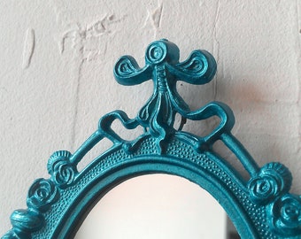 Vintage Oval Mirror in Shimmering Aqua Decorative Metal Frame, Teal Home Decor, Perfect for Nursery, Apartment Wall and More!