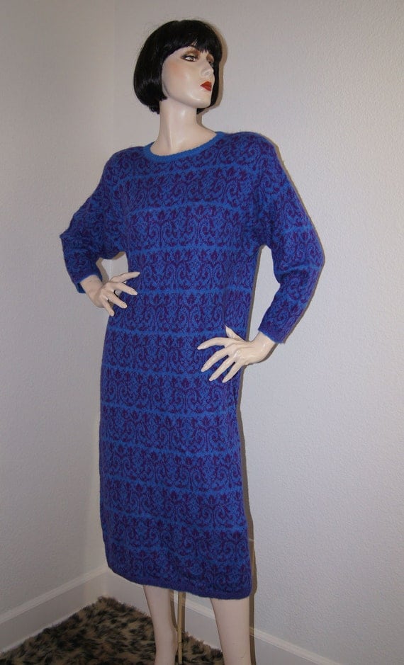 Vintage Benetton 1980s Sweater Dress / 80s Cobalt Blue Slouchy Wool 