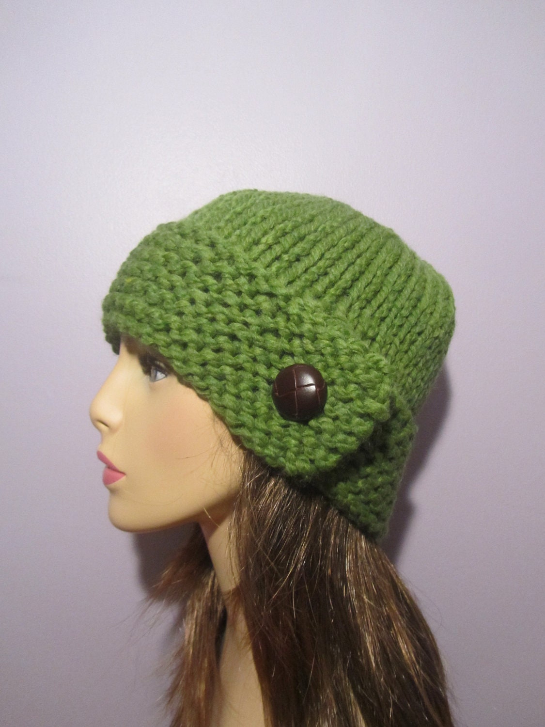 Knit Hat Green Knit Hat with Genuine Leather Button Winter