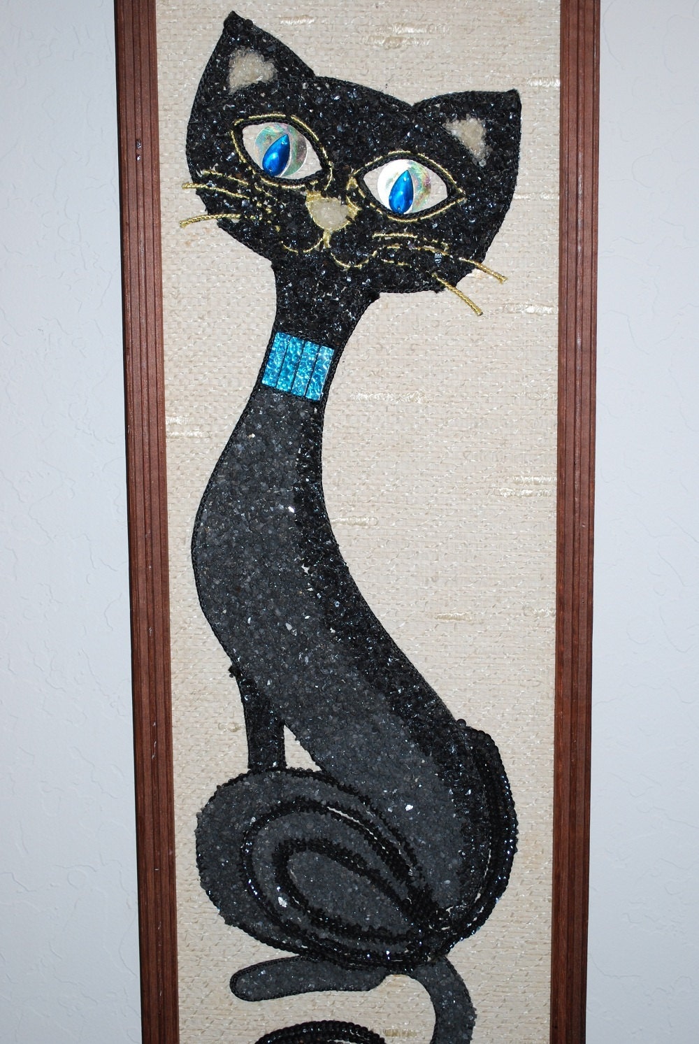 Vintage 1960's Retro Gravel Art Black Siamese Cat with