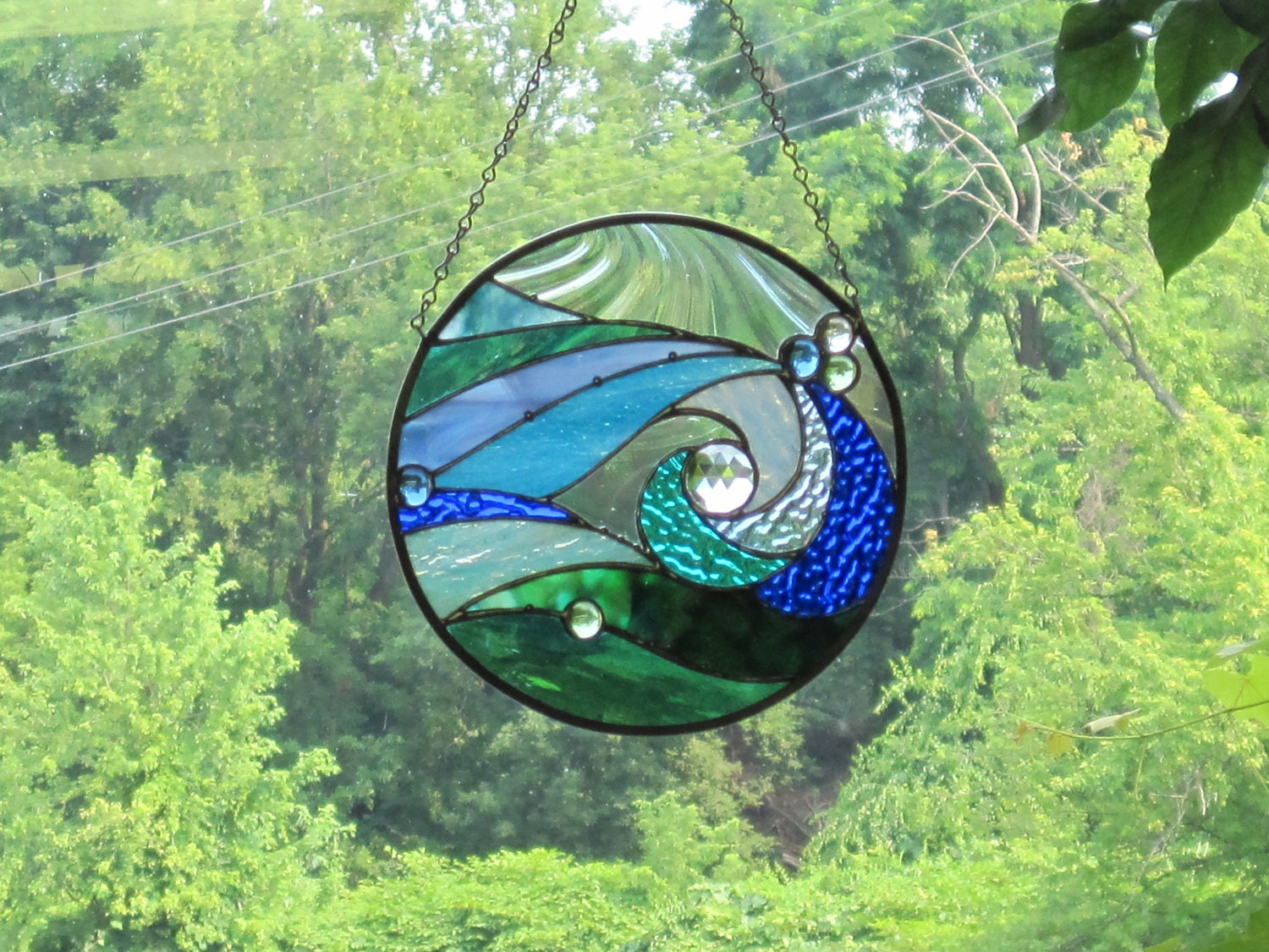 Ocean Wave Stained Glass Round Panel