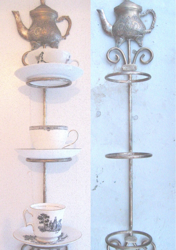 Vintage Tea Cup & Saucer Holder Rack Wall Hanging Cottage Chic