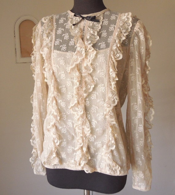 Vintage Lace Shirt Sheer Beige or Ecru Lace with Ruffles