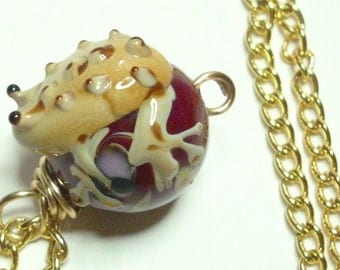 Frog Lampwork Red Gold Wire Wrapped Handmade Pendant Necklace
